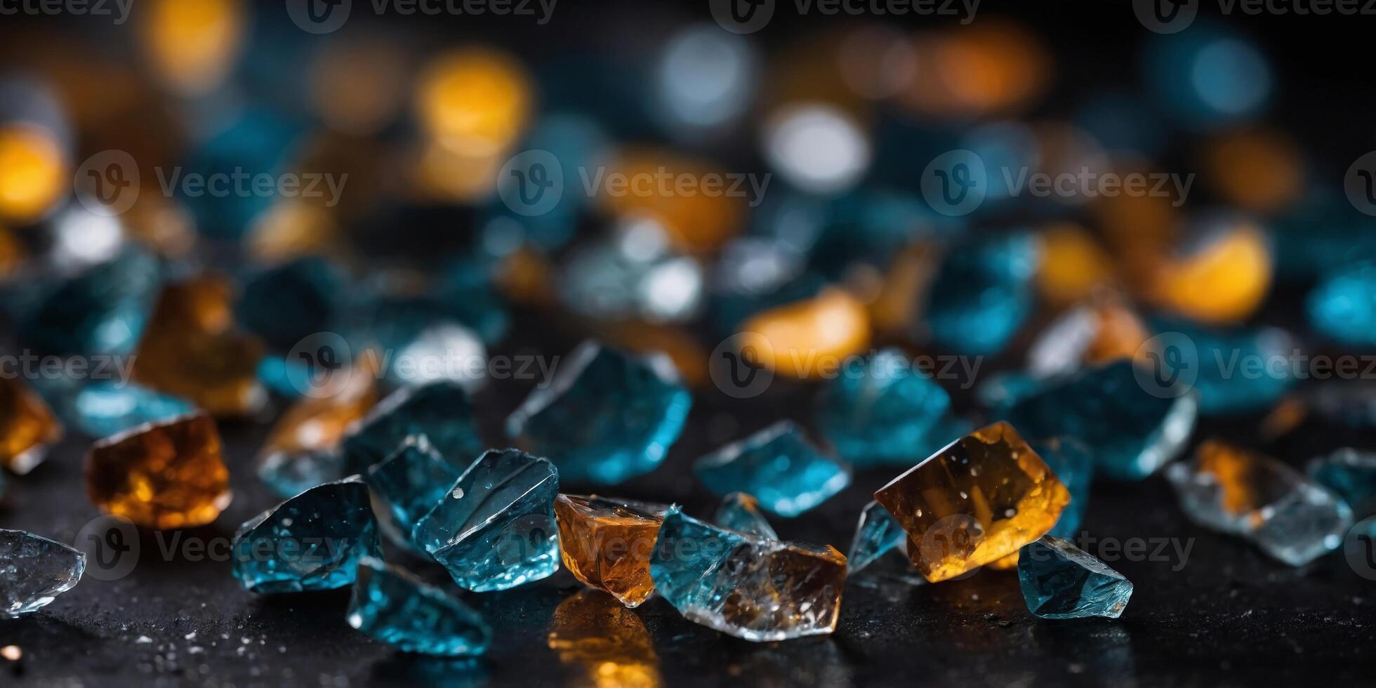 Close-up of shattered glass on a dark surface. photo