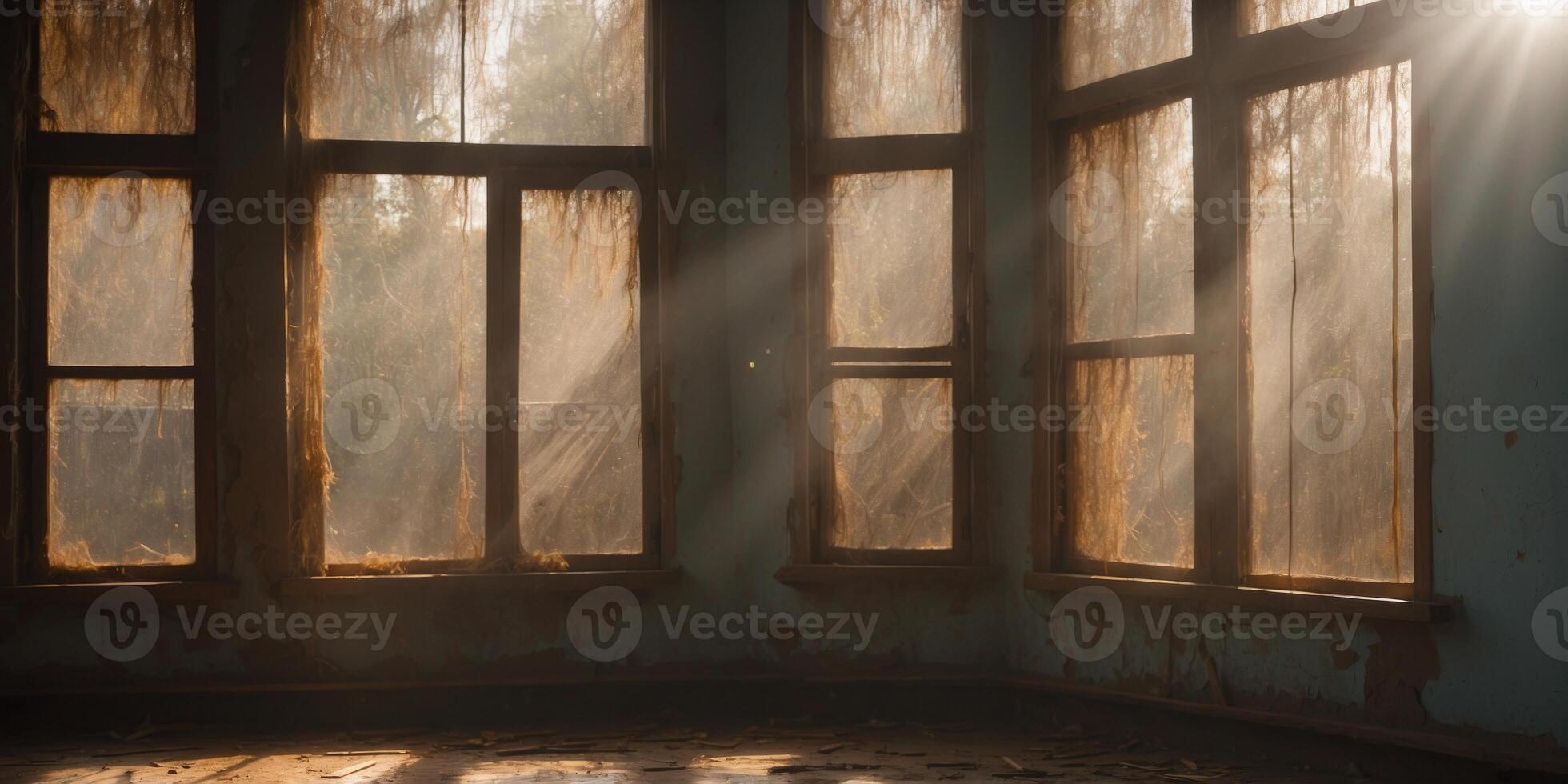 Sunlight streams through windows in a dilapidated room. photo