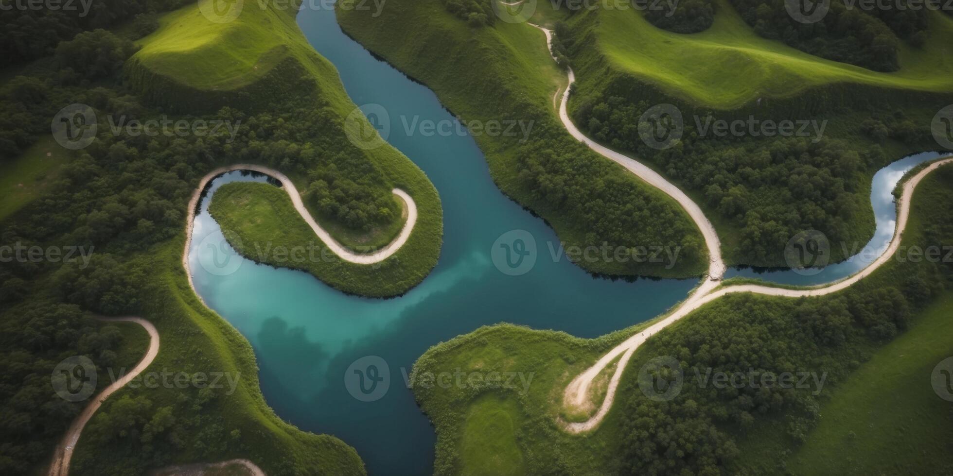 Aerial View of a Winding River in Lush Green Landscape. photo