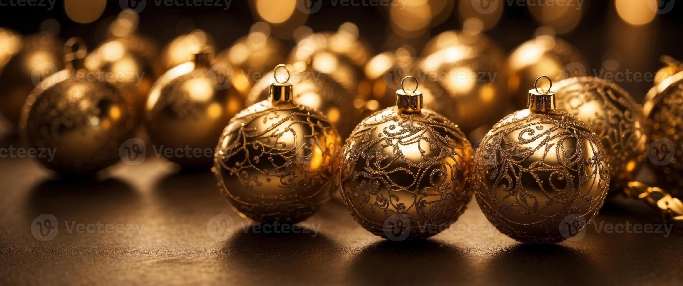 Golden color baubles on gold background with hard shadows. photo