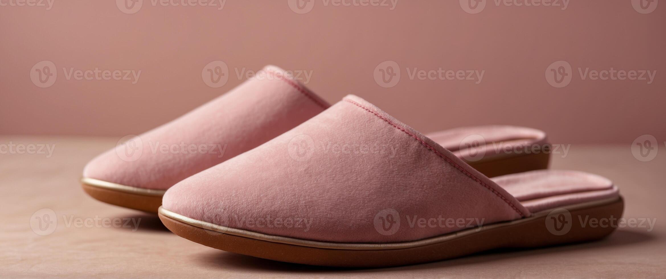Cozy warm suede slippers on pink background. photo
