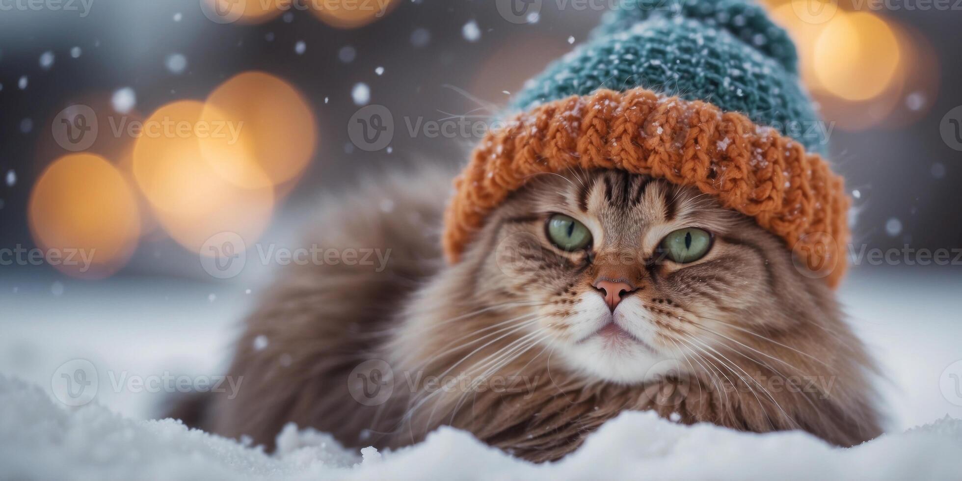 A fluffy cute cat in a knitted hat is sitting in the snow The background of a snowy winter The concept of pets. photo