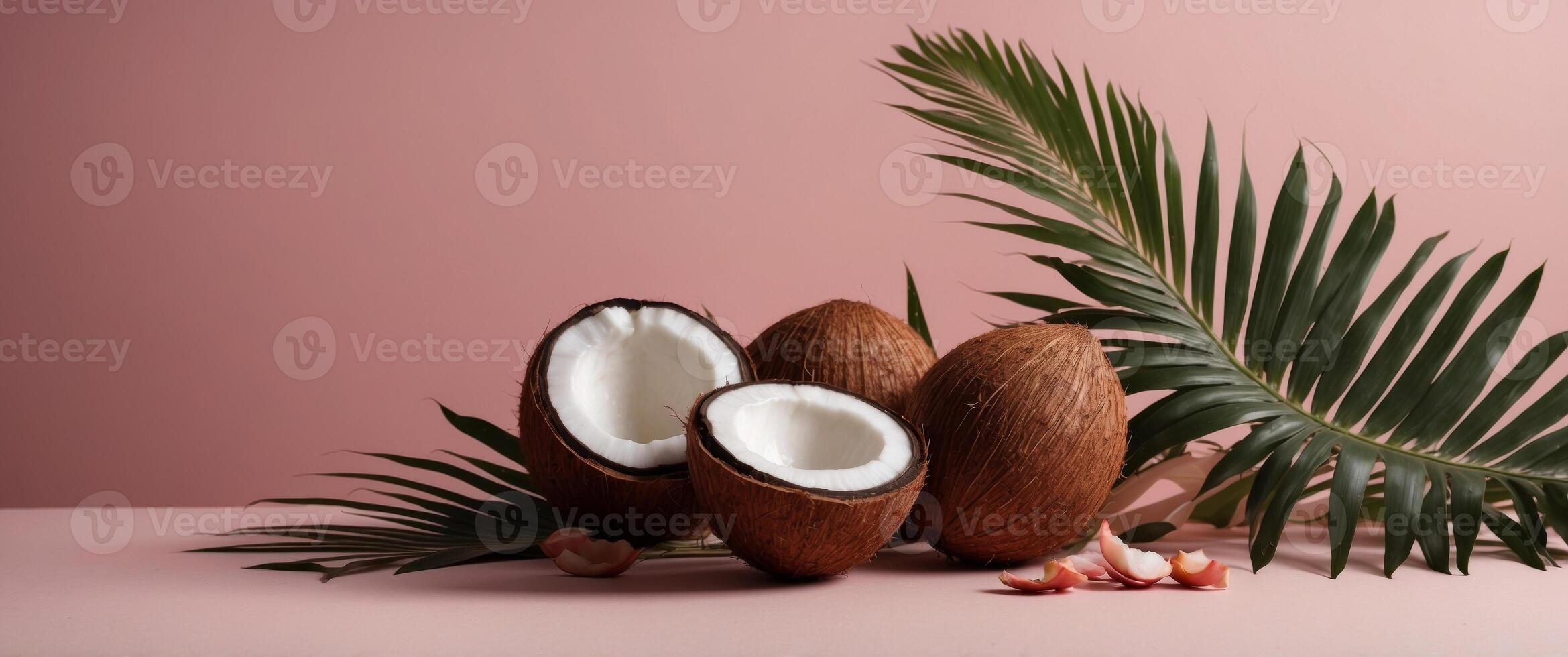 Banner with palm leaves and half of coconut on the pink background. photo