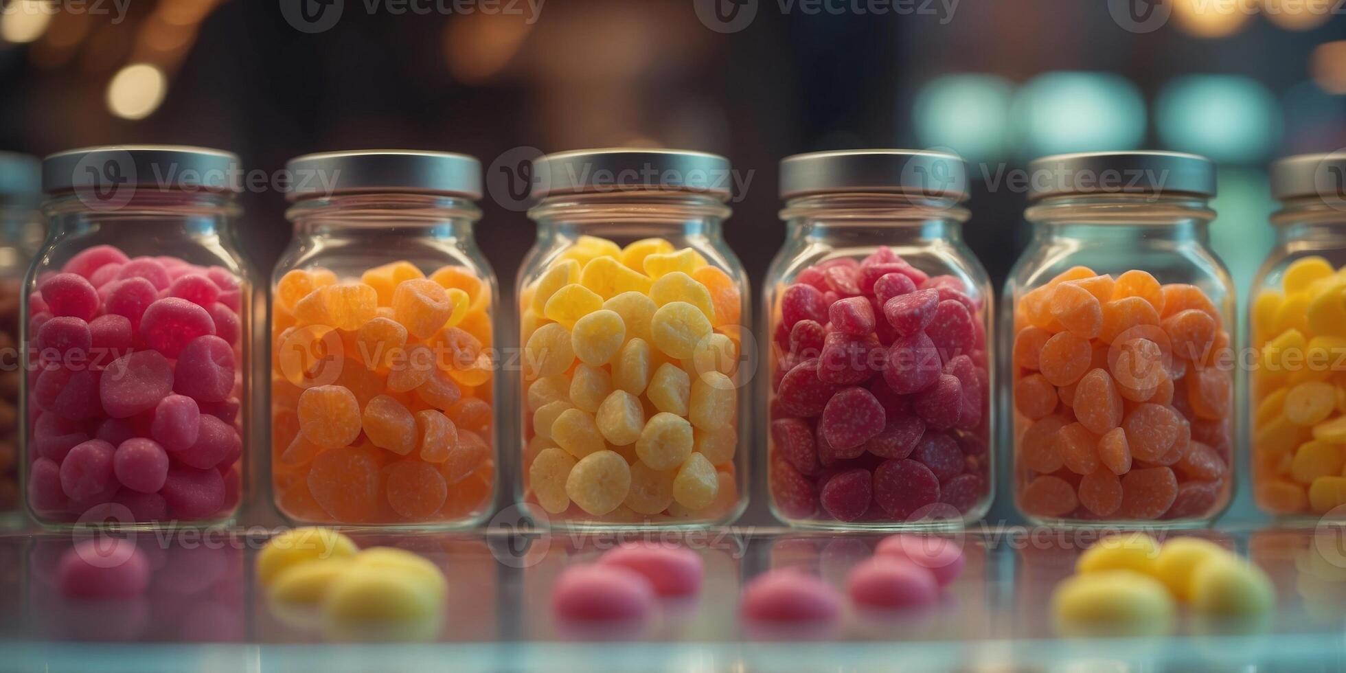 Colorful Candy and Sweets in Glass Jars on Display in a Candy Store. photo