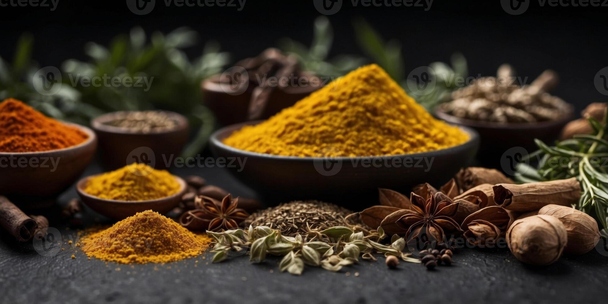 Assorted spices and herbs on a dark slate surface. photo
