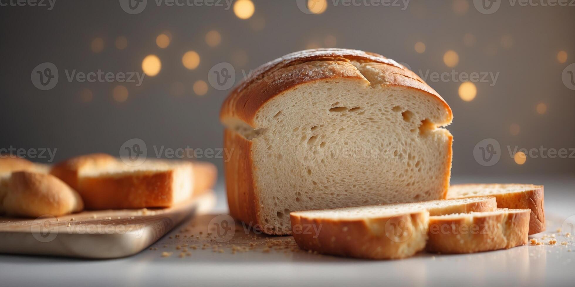 A loaf of bread atop a white table Two stacks of sliced bread nearby. photo