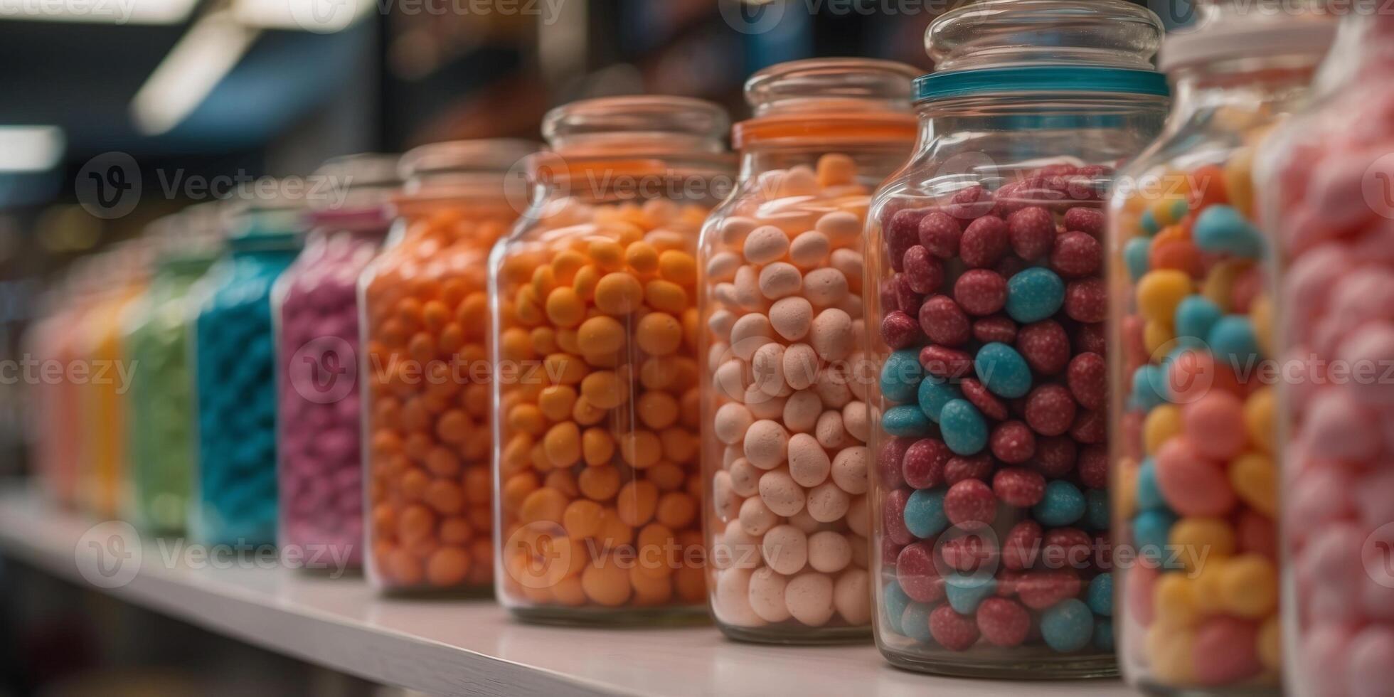 Colorful Candy and Sweets in Glass Jars on Display in a Candy Store. photo