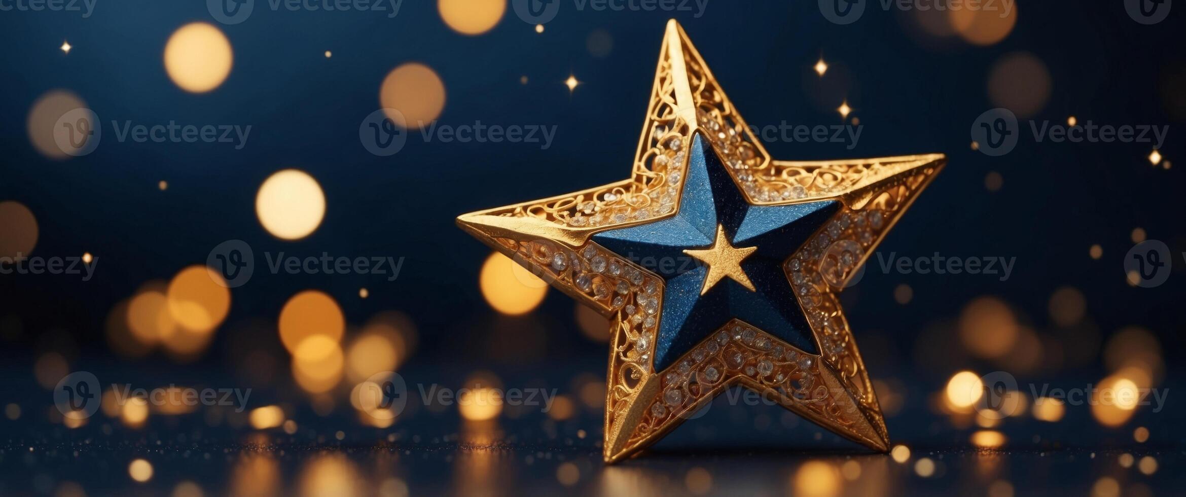 Golden star with golden on dark blue background with lighting effect and sparkle. photo