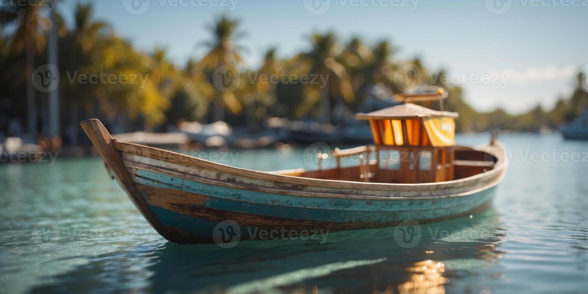 A fancy boat sits still in the shallow waters of The Bahamas. photo