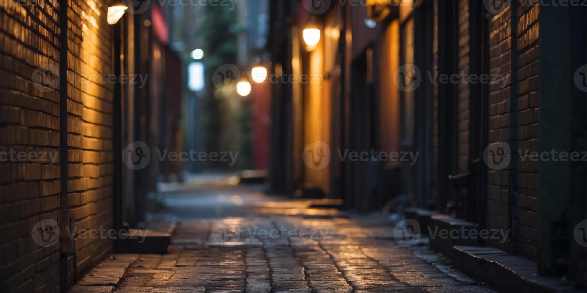 a dimly lit alleyway with a light shining from the end. photo