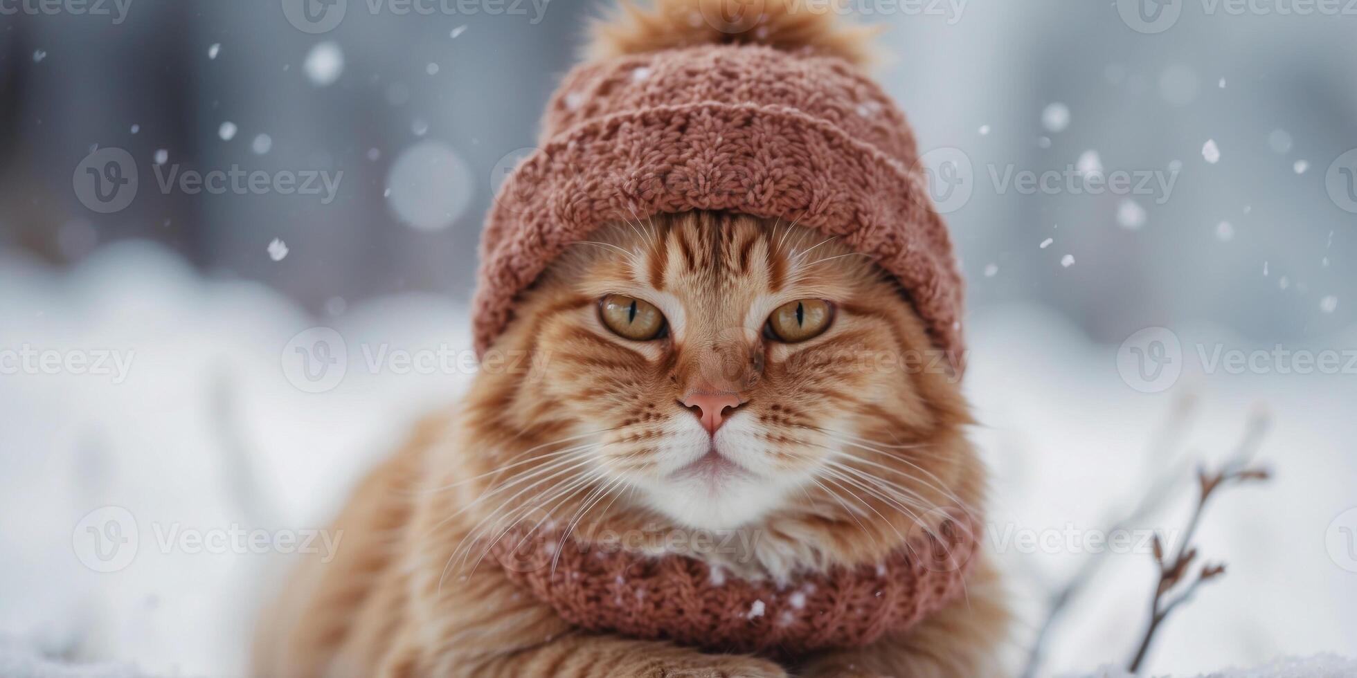 A fluffy cute cat in a knitted hat is sitting in the snow The background of a snowy winter The concept of pets. photo