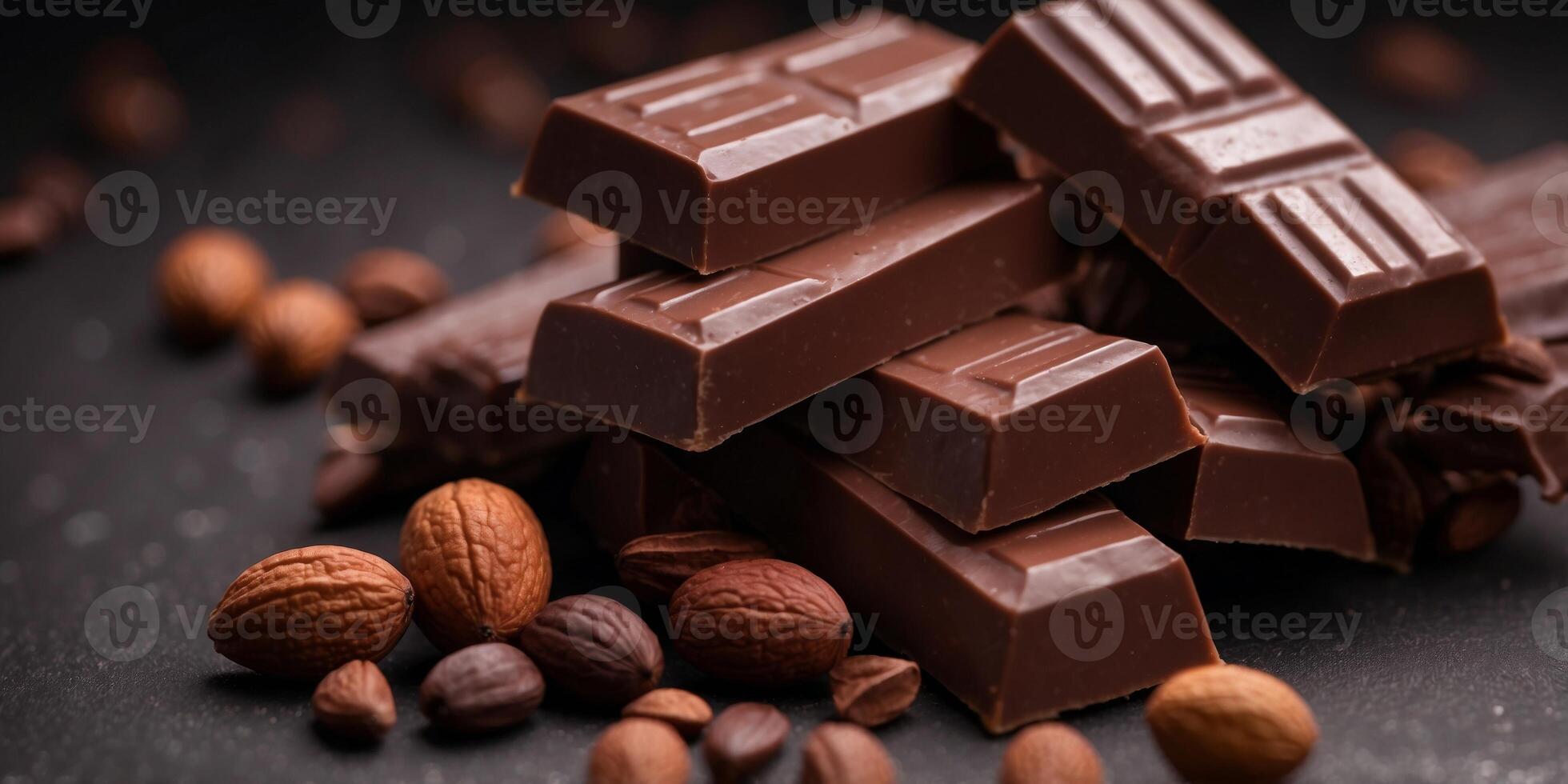 Assorted chocolate bars and cocoa beans on dark surface. photo