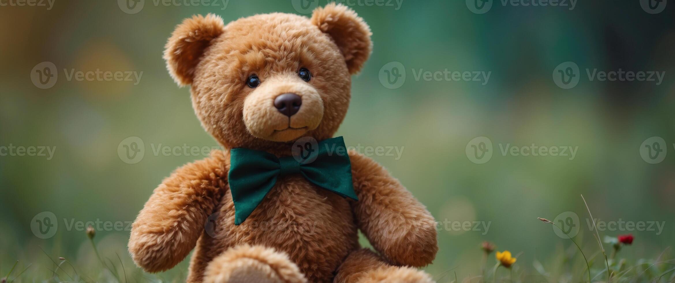 Stuffed and fluffy teddy toy bear turns and looks around on a green background. photo