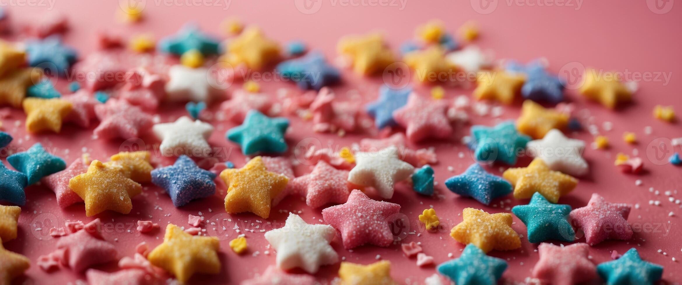 Colorful star shaped sugar sprinkles on pink background. photo