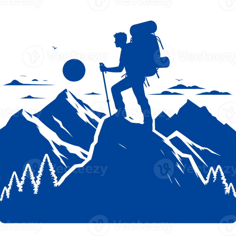 Silhouette of a Backpacker Standing on a Mountain Peak png