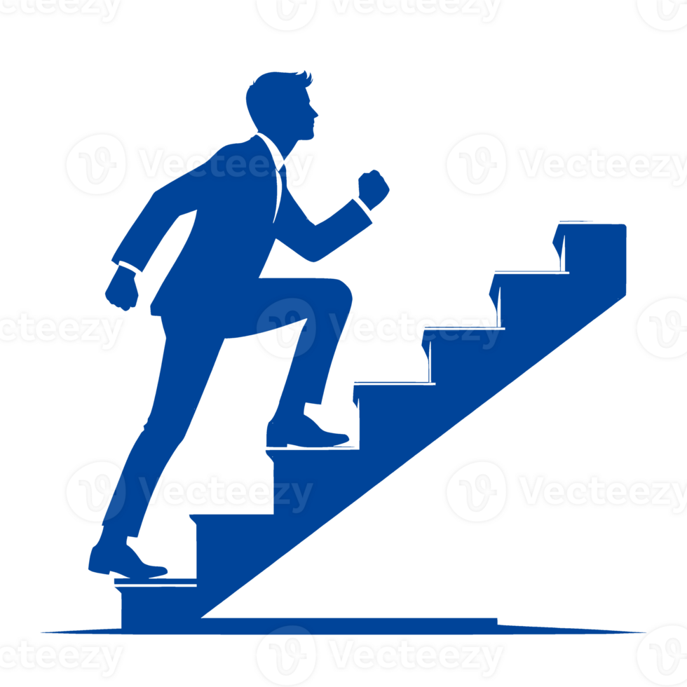 A businessman walking up a staircase, symbolizing success and growth. png