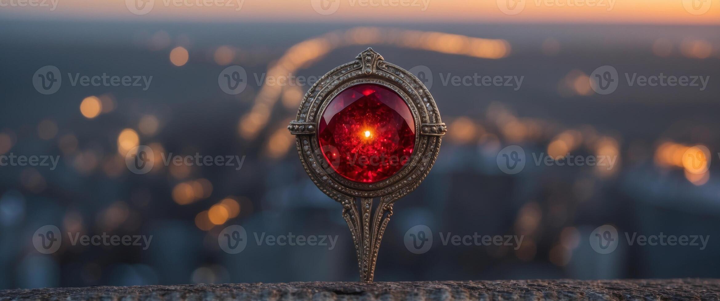 A red location pin stands on a road leading to a city skyline at sunrise. photo