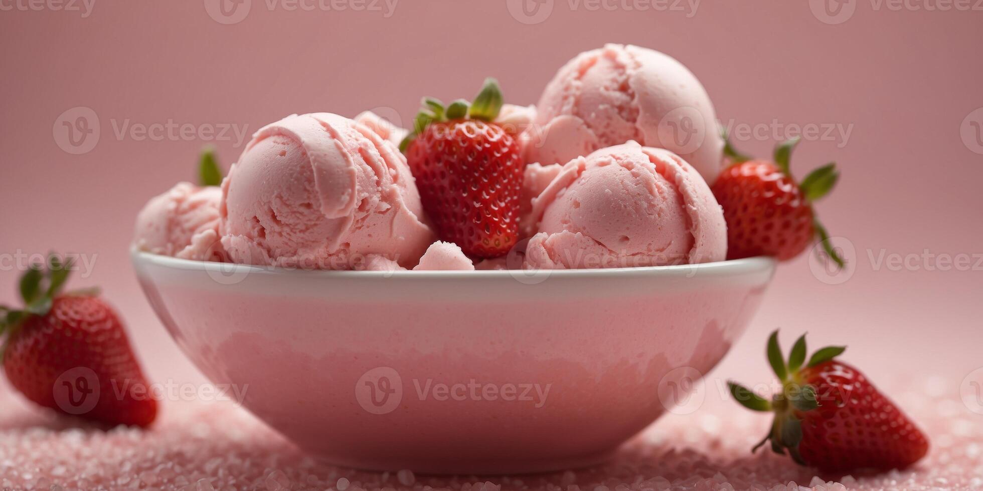 Delicious scoop of strawberry ice cream in a white cup sprinkled with freeze-dried strawberries on a soft pink background. photo