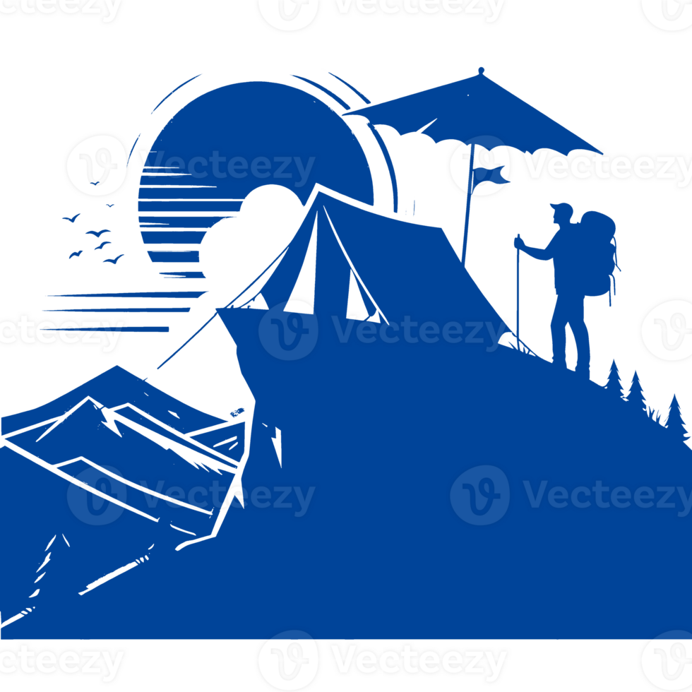 Silhouette of a Hiker on a Mountain Peak with a Tent and Umbrella png