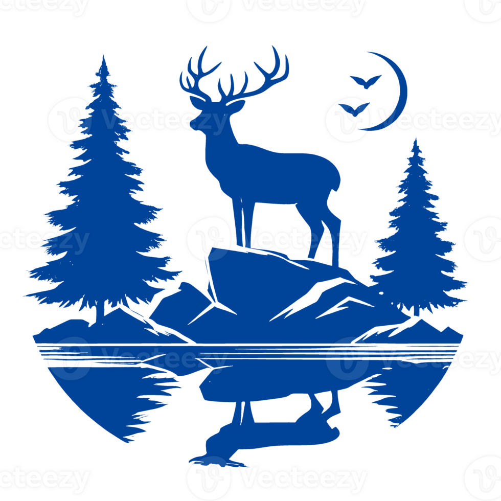 A Silhouette of a Deer in a Mountain Landscape with a Crescent Moon png