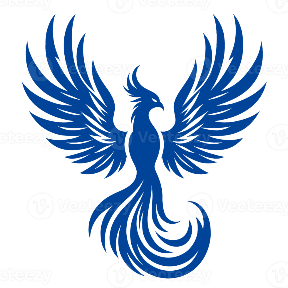 Stylized Blue Phoenix with Spread Wings and Curved Tail png