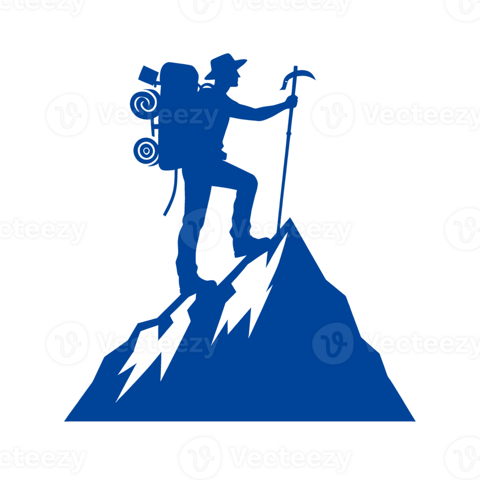 Silhouette of a hiker standing on a mountain peak png