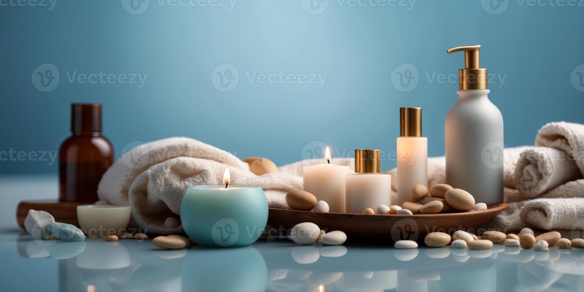 Assorted spa items arranged on a light blue background. photo