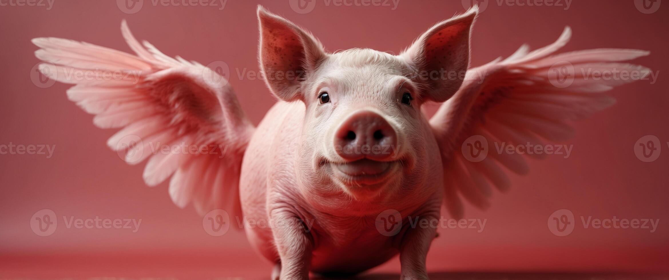 a pink pig with wings and wings on a red background with hearts. photo