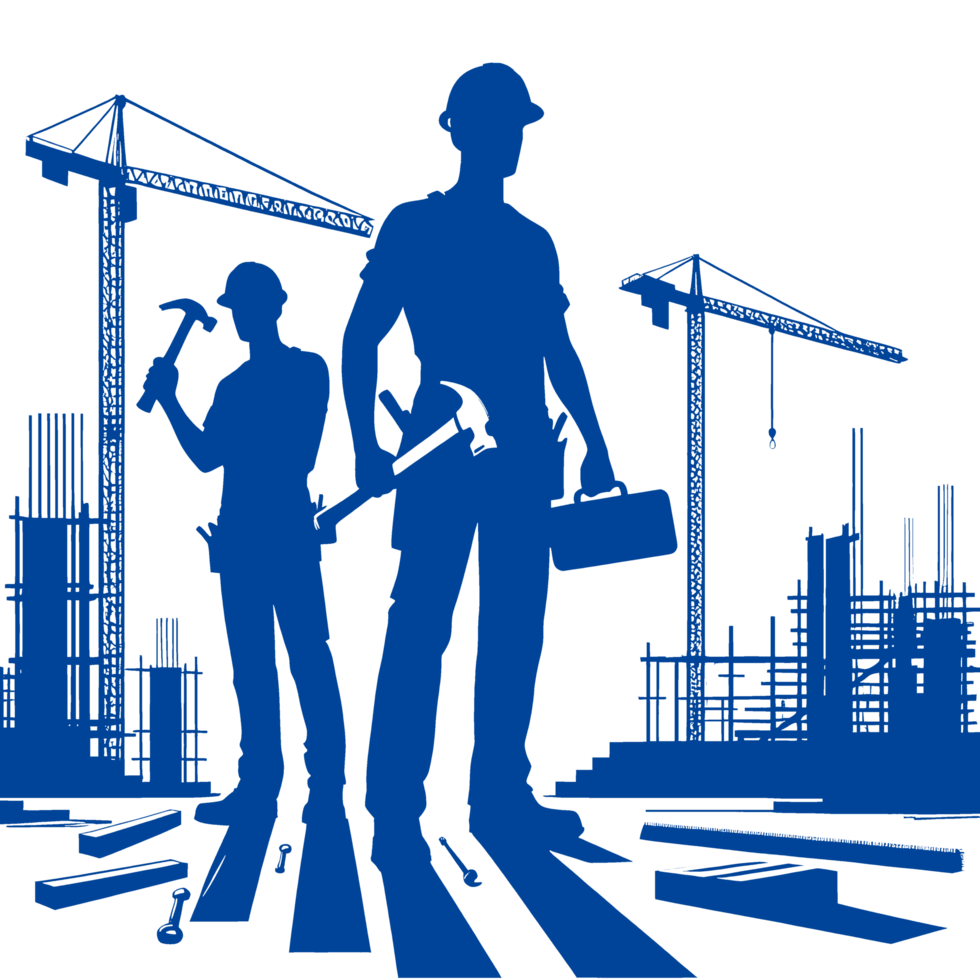 Construction Workers Silhouettes with Tools and Cranes png