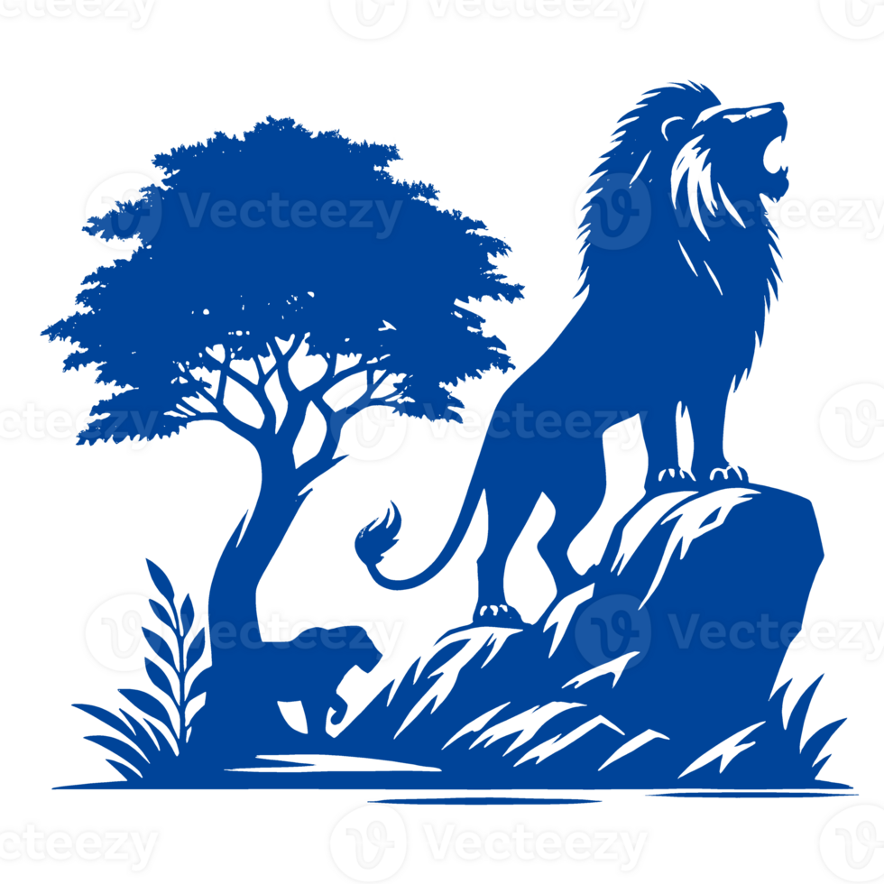Silhouette of a Roaring Lion on a Rock with a Tree and Grass png