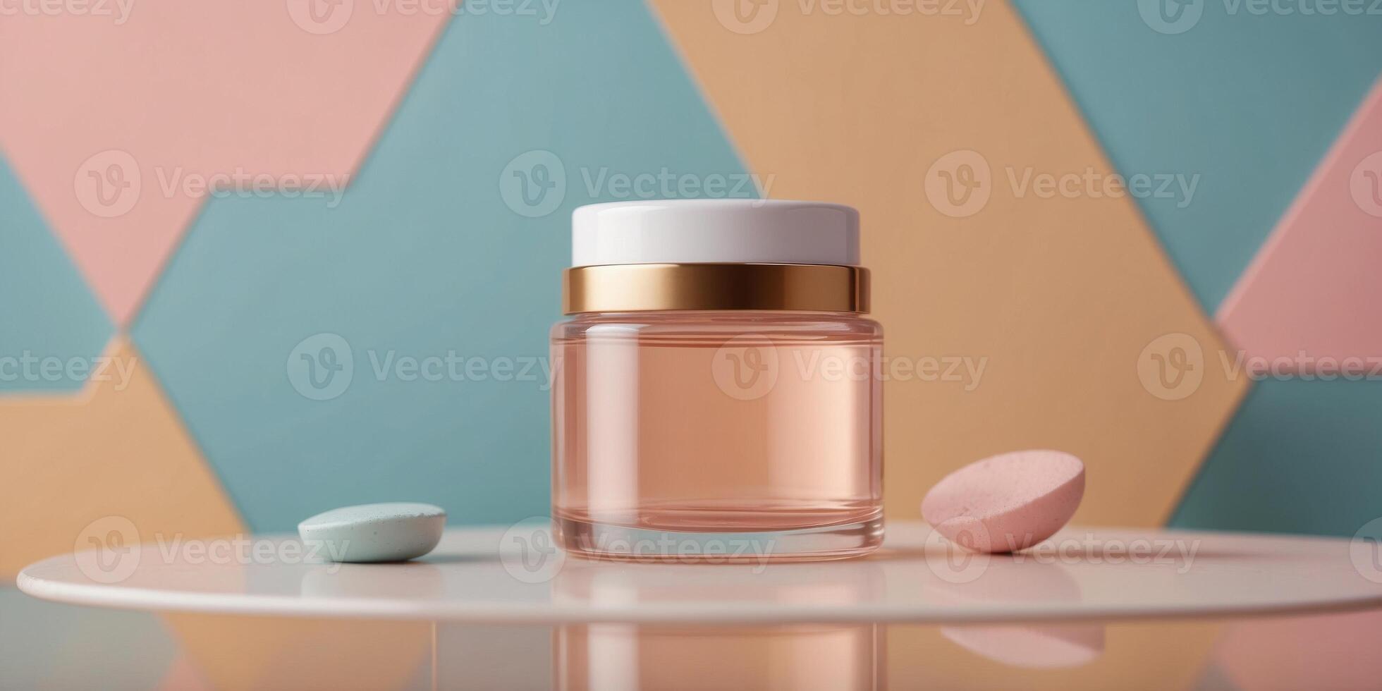 Cosmetic jar on pastel geometric shapes background. photo