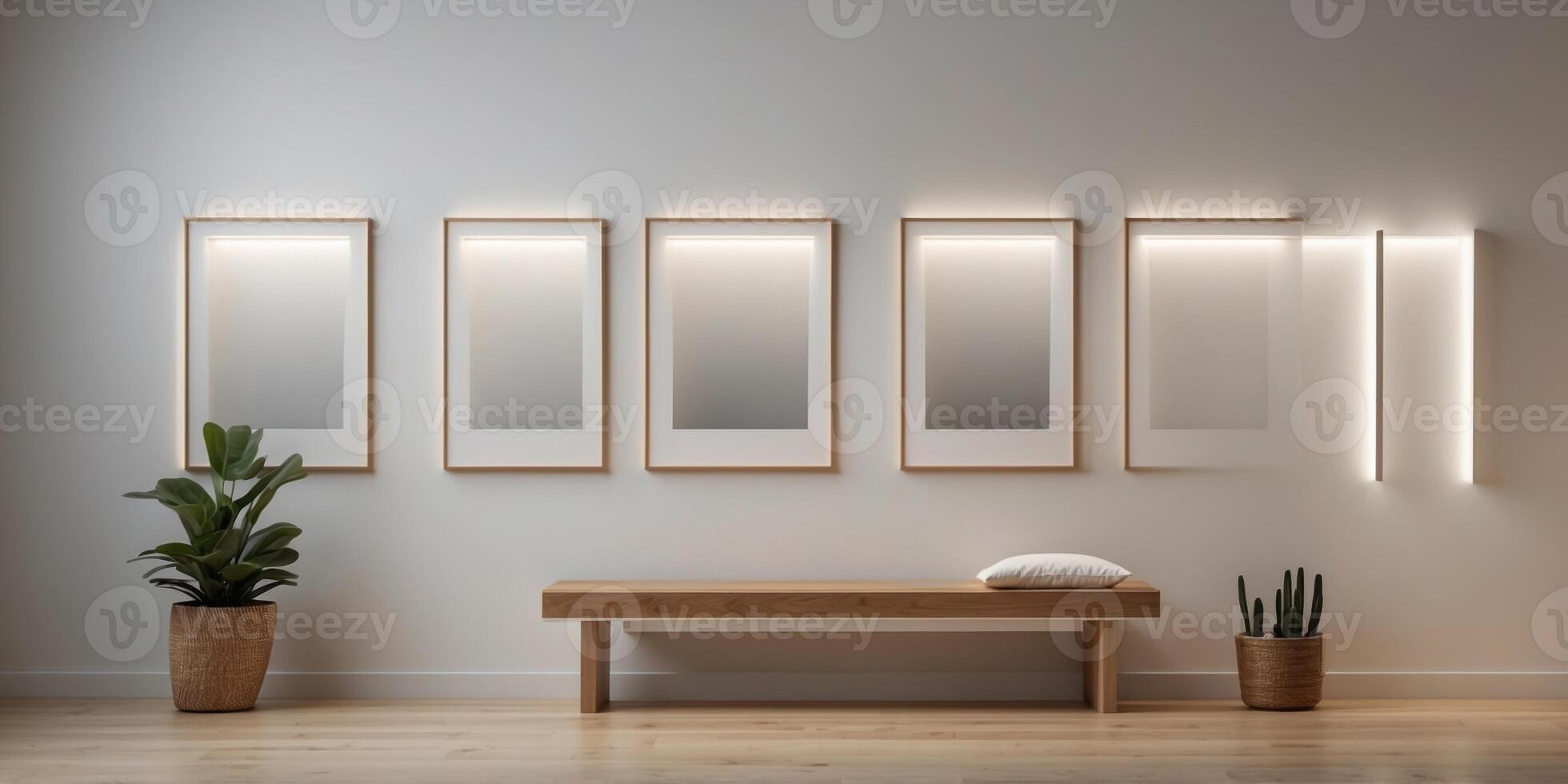 three square white frames on a white wall under soft ambient lighting with a minimalist wooden bench. photo