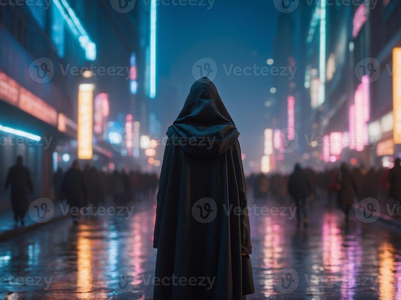 A hooded figure walks towards the light in a futuristic city Neon lights illuminate the path ahead The image evokes a sense of mystery and intrigue. photo