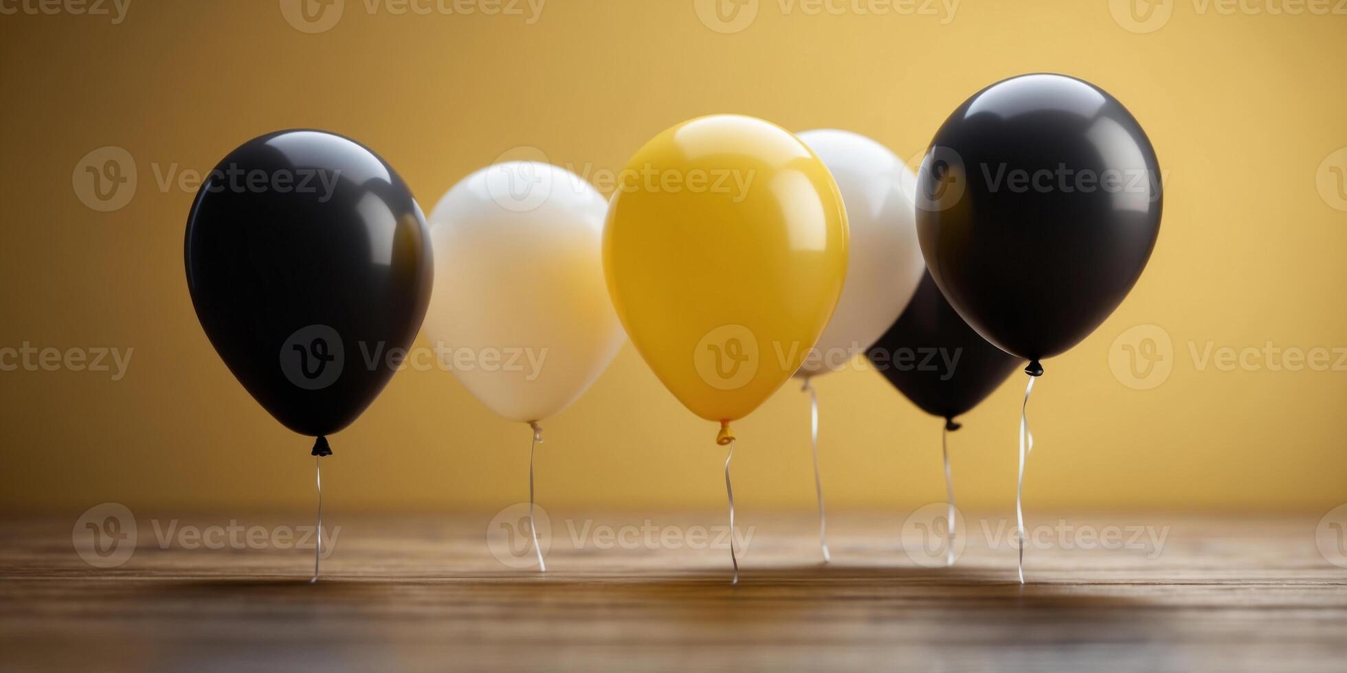 Three black and white balloons on yellow background Big Sale concept. photo