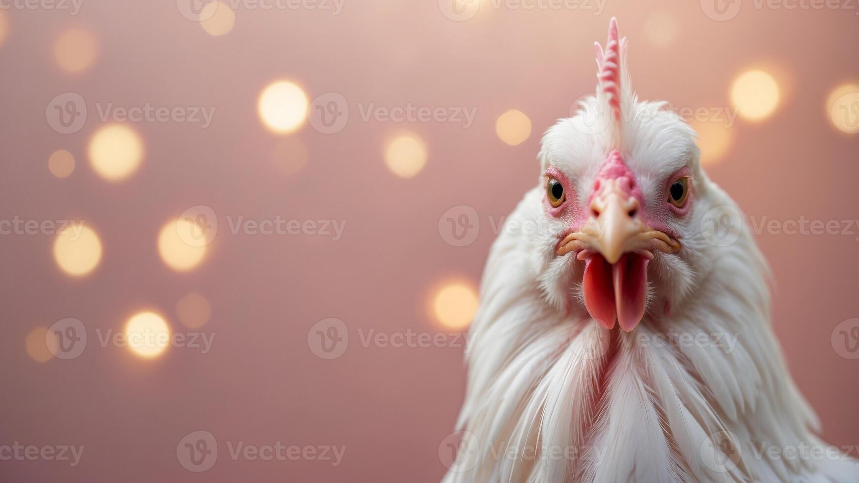 Head of white chicken in front of pastel pink studio background. photo