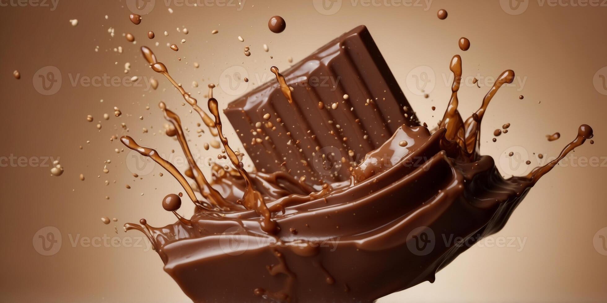 a chocolate splash falling upon a beige background. photo