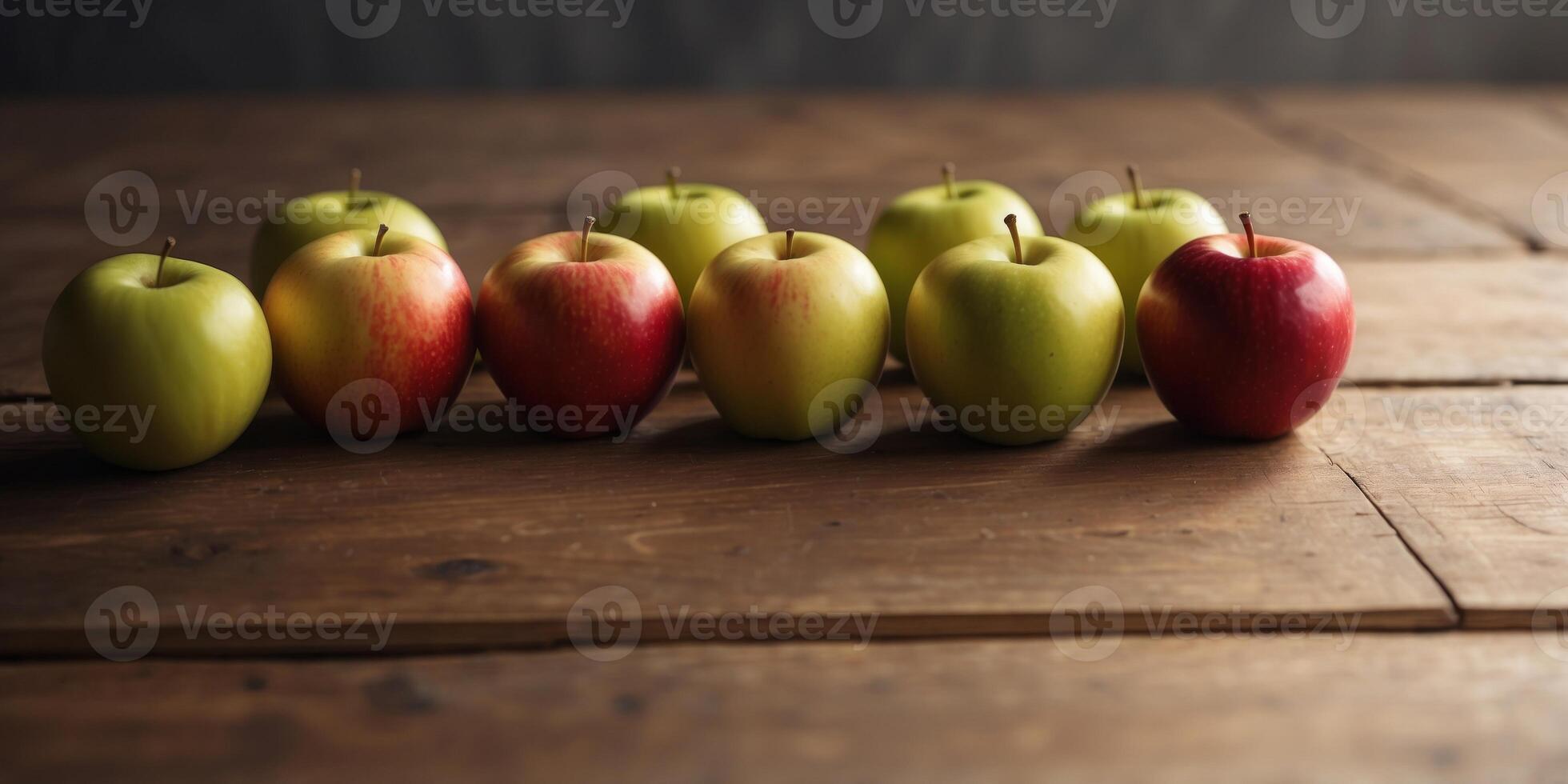 Happy Smiling Apples Fruit Row Wooden Table Healthy Snack Concept. photo