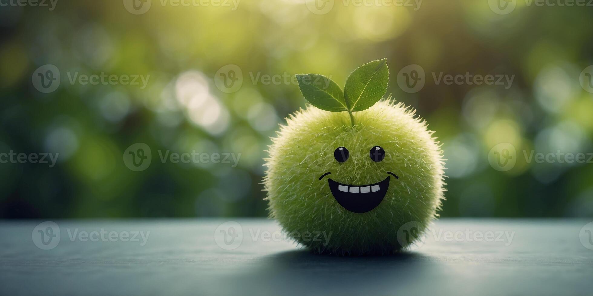 A green fuzzy fruit with a leaf on top The fruit is smiling and has a happy expression. photo
