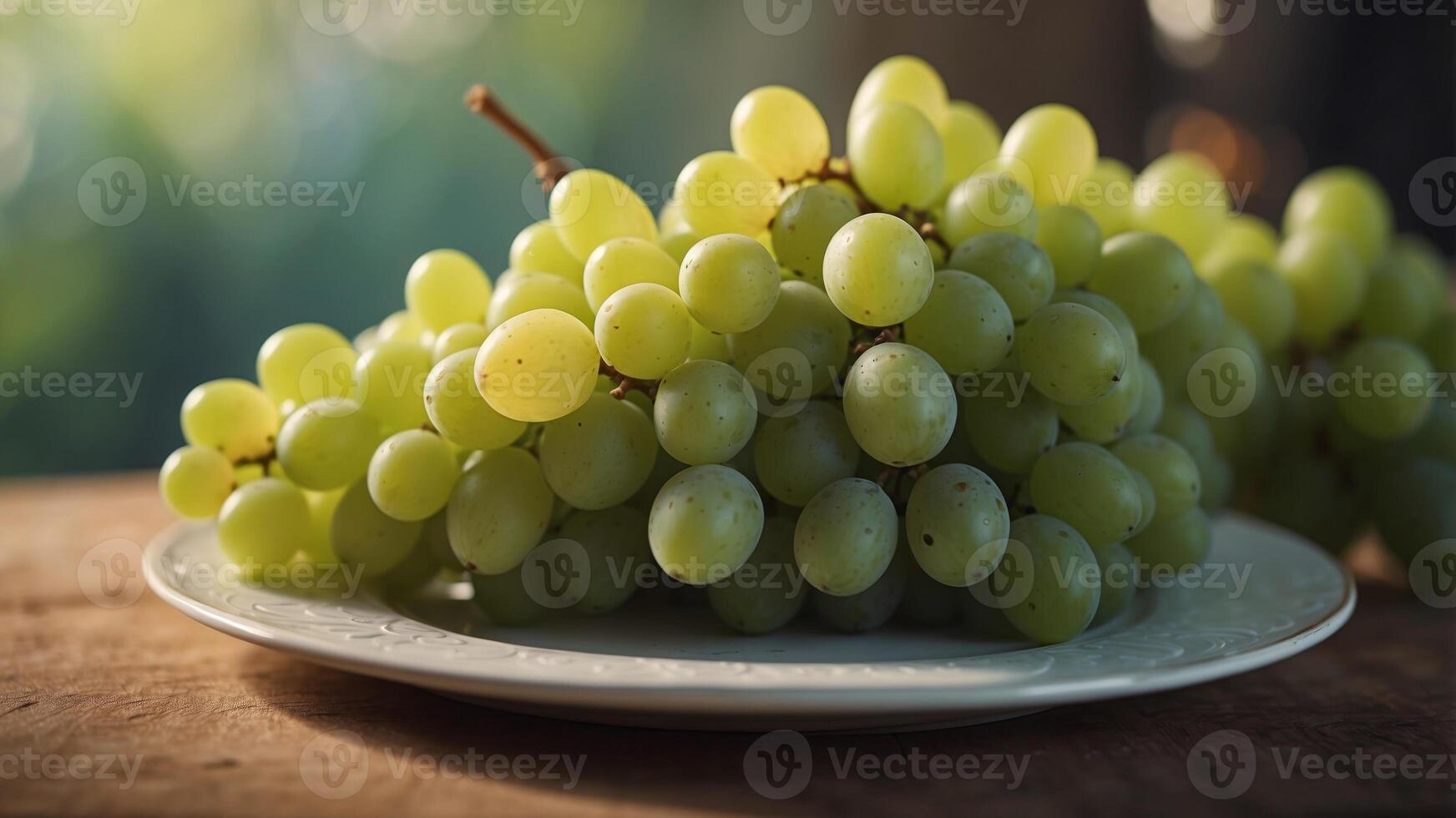 Green grapes cluster on a plate, a bunch of nature's sweetness. photo