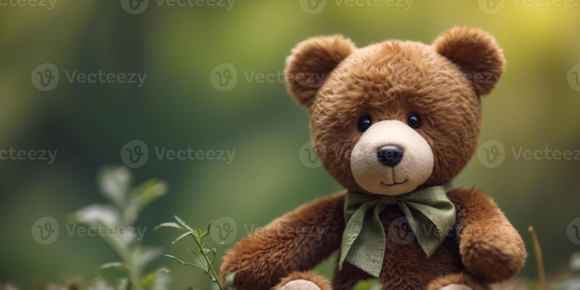 Brown bear doll sitting on blurred green natural background. photo
