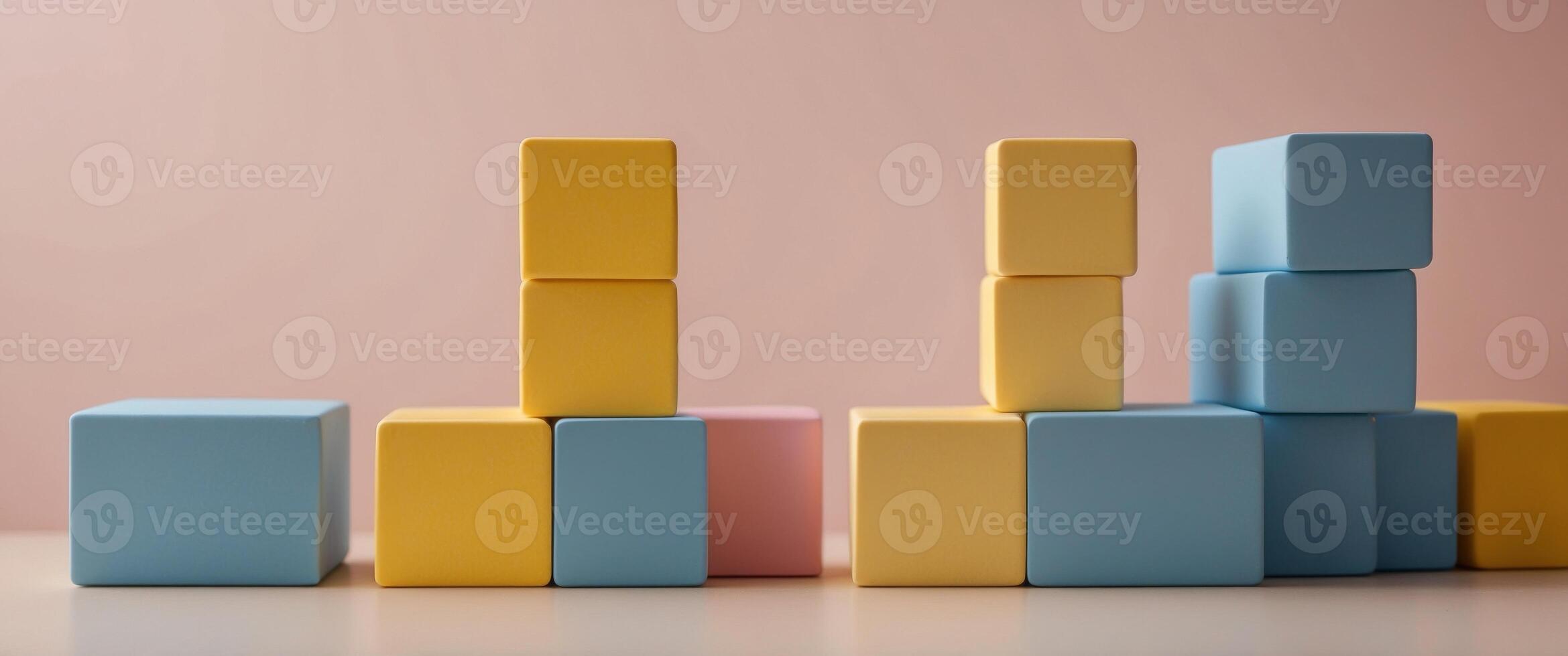 Blue and yellow blocks in a line with the yellow block standing out as the obvious choice on a light pink background. photo