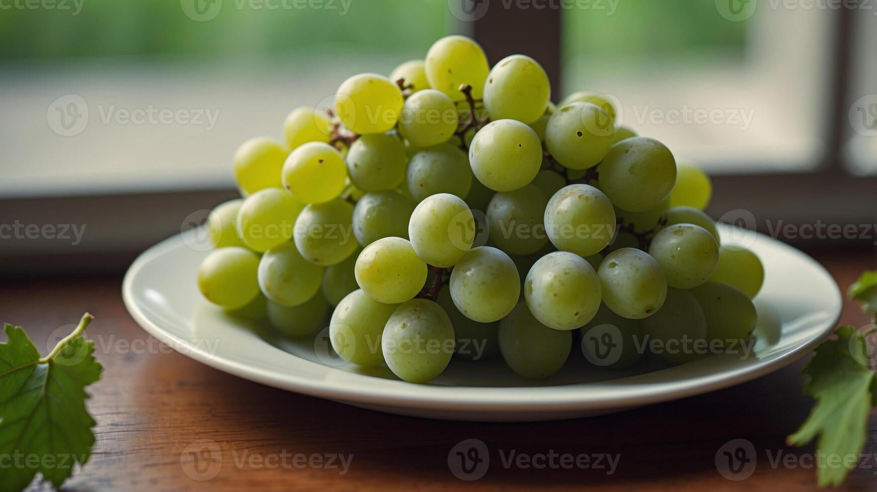 Green grapes cluster on a plate, a bunch of nature's sweetness. photo