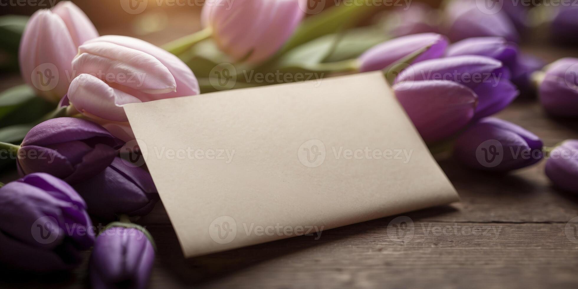 Empty paper mock-up on the table with purple tulips. photo