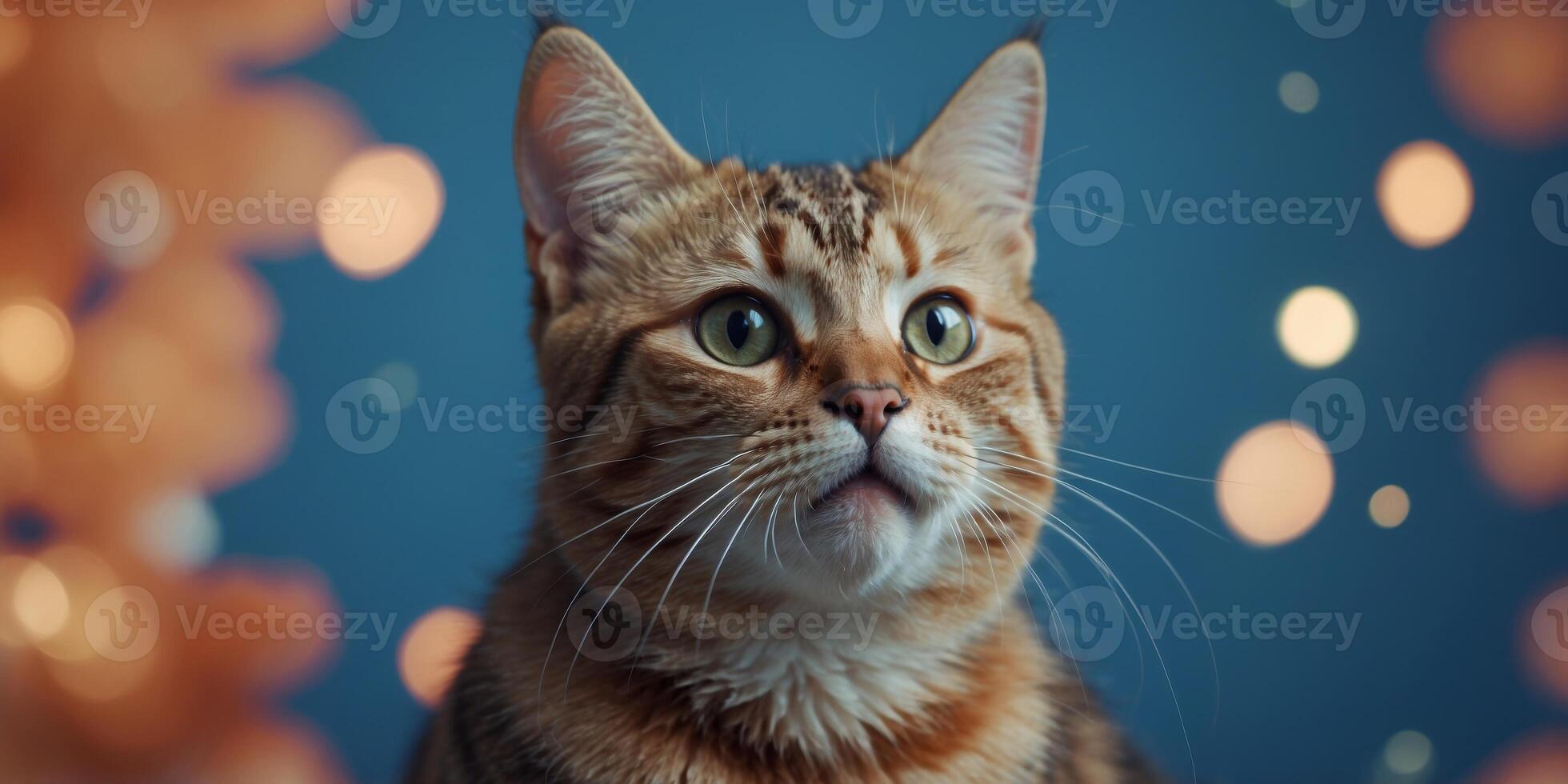 adorable cute cat with surprised expression on a blue background. photo