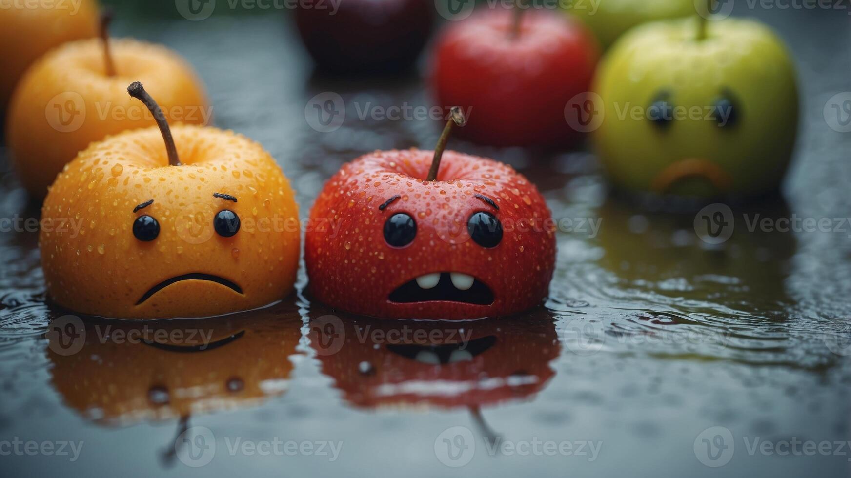 Angry and Sad Fruits with Faces on a Wet Surface. photo