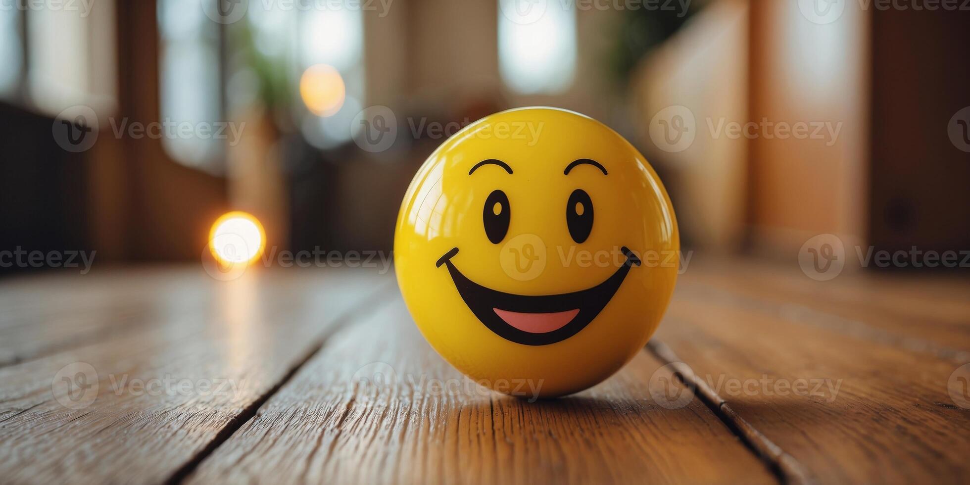 A yellow ball with a smiley face drawn on it sits on a wooden floor. photo