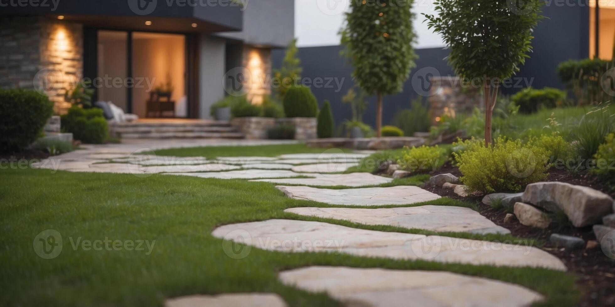 Modern patio with green grass and stone path. photo