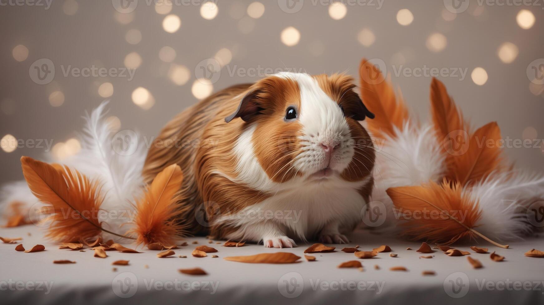 Adorable brown and white guinea pig surrounded by floating feathers. photo
