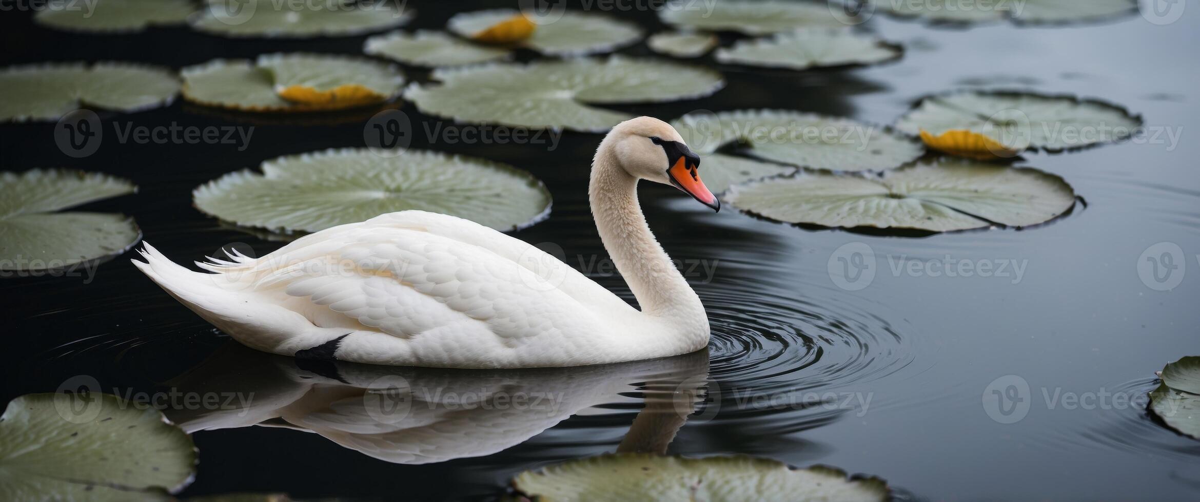 Swan's serene journey through lily pad-covered waters minimalist art media by magazine. photo