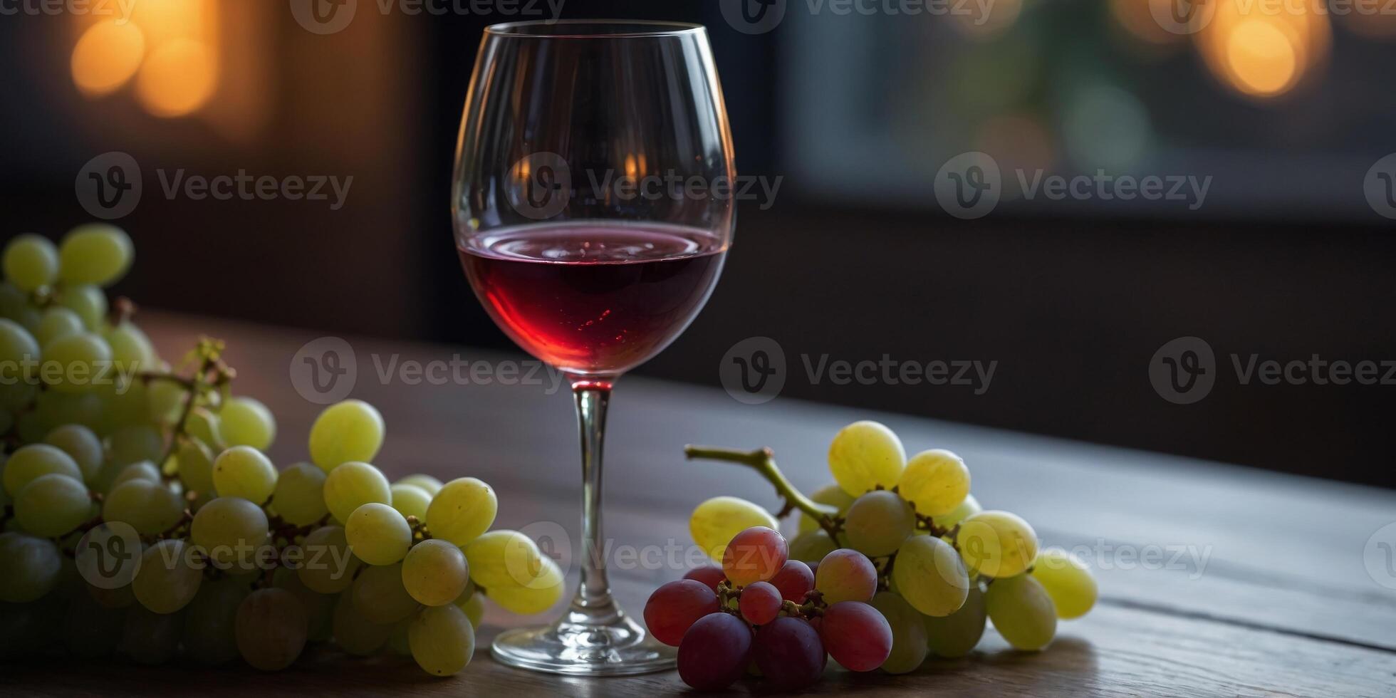 A glass of wine next to a bunch of grapes on a table. photo